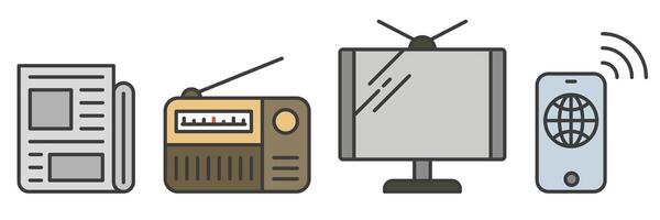 Different technologies for news transmission. Colored icons of the development of modern technologies for news with stroke. vector
