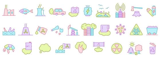Bright icons of environmental pollution. Environmental pollution. Causes and consequences of environmental pollution. vector