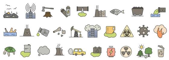 Colored environmental pollution icons with dark outline. Causes and consequences of environmental pollution. vector