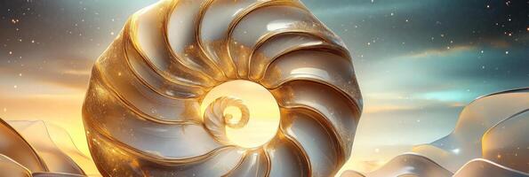 Ammonite banner showcasing intricate design and luminous colors in a serene coastal setting at sunset photo