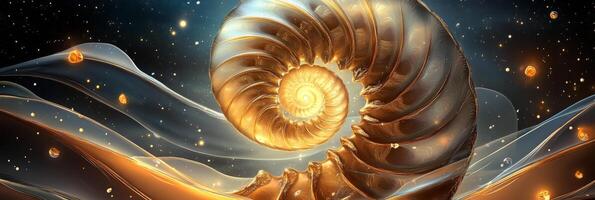 Ammonite banner featuring intricate swirling patterns and luminous colors with a cosmic backdrop, capturing the elegance of ancient marine life amidst ethereal ambiance photo
