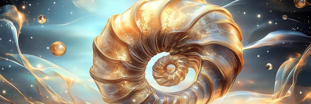 amonita bandera exhibiendo arremolinándose patrones con cósmico elementos en un vibrante y etéreo ajuste durante un fantástico evento foto