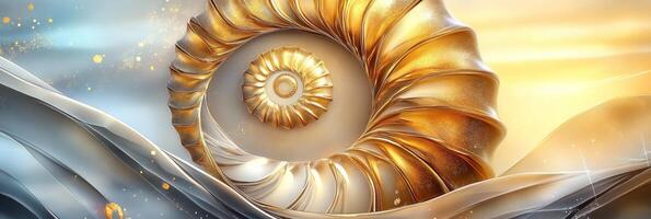 Ammonite banner featuring a striking golden spiral design against a soft gradient background reflecting light and colors photo