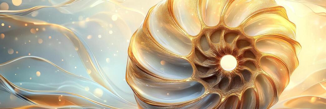 Beautiful ammonite banner featuring shimmering golden colors and elegant spiral design, capturing the essence of ancient marine life in a modern artistic interpretation photo