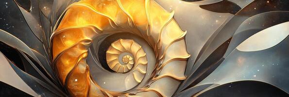 Ammonite banner displaying a vibrant golden spiral, symbolizing natural beauty and ancient marine life in a cosmic setting, illustrating intricate patterns and harmony photo