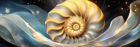 Ammonite banner showcasing a beautifully designed nautilus shell with golden highlights set against a starry night background, emphasizing natures elegance and intricate patterns photo
