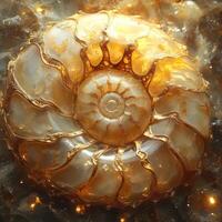 Ammonite gold with intricate swirl patterns and shimmering details captures the beauty of natural history and fossilization, showcasing the ancient life embedded within its structure photo