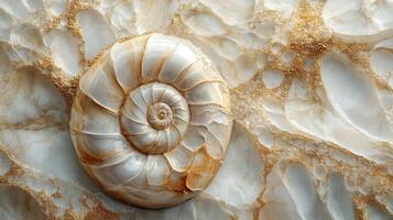 Natural beauty of ammonite marble showcasing the intricate patterns and textures found in the fossilized shell, perfect for interior design or artistic inspiration photo