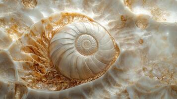 Ammonite marble background showcasing a unique and intricate fossilized shell with stunning golden accents highlighting its natural beauty and texture in a dynamic composition photo
