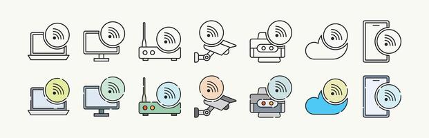 Digital devices with wireless connection representative line and flat color with outline icon set design vector