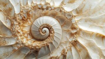 Natural ammonite marble background showcasing intricate spiral patterns with shades of cream and brown, reflecting the beauty of ancient marine life captured in stone photo