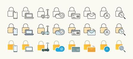 Devices, data, information, and security protection representative line, solid with outline, and color illustration icon set design vector