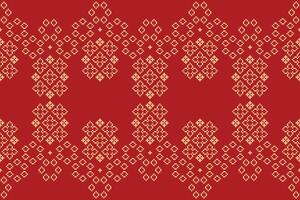 Ethnic patten cross stitch red color background motif fabric pattern and decoration wallpaper. vector