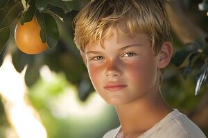 A young boy standing in front of an orange tree photo
