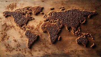 Coffee world map created from coffee beans, showcasing global coffee producing regions on a wooden surface, highlighting the rich cultures and diversity of coffee photo