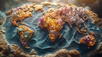 World map crafted from precious gems showcasing vibrant colors and intricate details of continents with sparkling embellishments, highlighting the beauty of natures treasures photo
