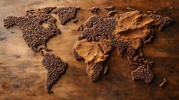 Exploration of coffees global influence represented through a crafted world map made of coffee beans and grounds, showcasing regions known for coffee cultivation and culture photo