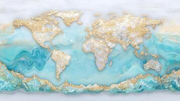 Map design created from precious minerals showcasing the continents and oceans with shimmering gold accents, highlighting unique textures and colors of natural elements in a decorative manner photo