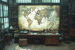 Exploration and discovery inspired by a vintage world map displayed prominently in a well appointed study filled with antique tools and furniture photo