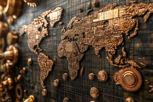 Detailed gear world map crafted from antique brass showcasing intricate designs and textures while reflecting a unique blend of artistry and geographical representation in a modern setting photo