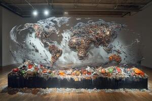 Art piece showcasing a garbage world map installation made from various waste materials, highlighting environmental issues, displayed in a modern art gallery photo