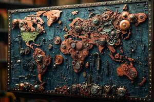 Crafted antique brass gear world map showcasing intricate details and mechanical elements symbolizing connections across continents, created unique decorative statement in any space photo