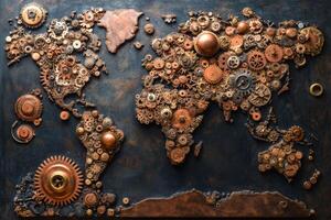 Intricate gear world map crafted from antique brass showcasing mechanical artistry with a blend of vintage and industrial elements photo