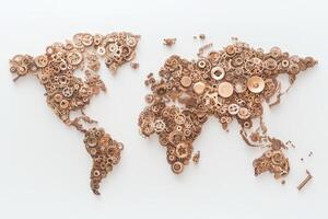 Intricate world map crafted from antique brass gears showcases the beauty of global connectivity and craftsmanship through a unique three dimensional design, reflecting a steampunk aesthetic photo