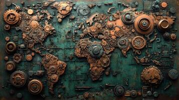 Crafted gear world map made of antique brass showcasing intricate mechanical details and a vintage appearance on a dark, textured background, highlighting artistry and craftsmanship in design photo