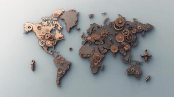 Crafted world map design made from antique brass gears showcasing intricate details that reflect artistry and innovation in mapmaking techniques and materials photo