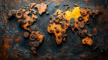 Detailed brass gear world map showcasing intricate craftsmanship and vintage elegance, depicting continents formed with antique gears on a textured background, highlighting artistry and global design photo