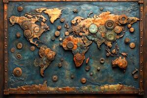 Crafted antique brass gear world map showcasing intricate details of continents and oceans with a vintage appeal, perfect for decor enthusiasts and collectors seeking unique artistry photo