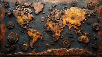 Intricate gear world map crafted from antique brass showcases creativity and craftsmanship, revealing detailed continents and gears photo