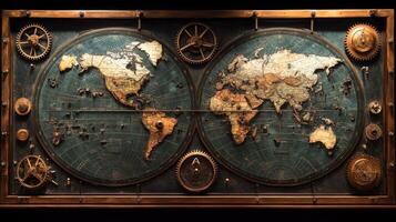 Intricate gear world map crafted from antique brass showcasing detailed geographical features and steampunk elements for an elegant vintage decor photo