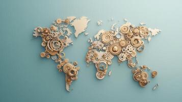 Crafted antique brass gear world map displaying intricate designs, featuring various cogwheels and blue backdrop that enhances the vintage aesthetic work suitable for home or office decor photo