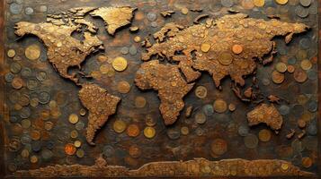Artistic world map created with mixed metals and coins showcasing global geography and culture through intricate design and texture photo