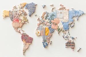 Colorful patchwork textile world map showcasing global regions with unique fabric designs representing diverse cultures and landscapes photo