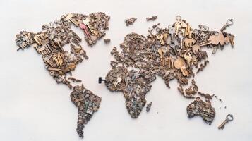 World map created from an assortment of keys showcasing global geography with intricate designs photo