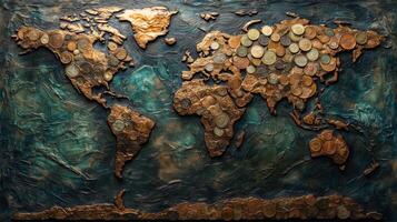 Map featuring world continents in relief with metallic coins embedded, showcasing a creative representation of global geography and wealth distribution, highlighting distinct regions and culture photo