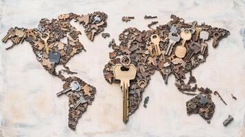 World map artfully crafted from an array of keys showcases the interconnectedness of global cultures and histories, symbolizing access and exploration across various regions photo