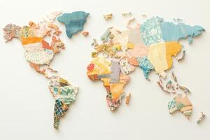 Colorful world map created from patchwork textile pieces showcasing various fabrics and textures representing different regions and countries around the globe photo