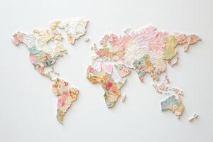 World map crafted from pastel patchwork textile showcasing various continents with floral and textured designs, ideal for home decor or educational purposes photo