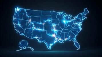 Neon light map showcasing the United States with illuminated cities and states in a vibrant, modern design that highlights the interconnectedness across the nation photo