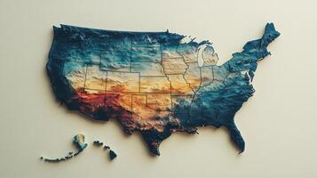 Vibrant USA map showcasing colorful landscapes across different states and regions with intricate textures, representing unique geographical features photo