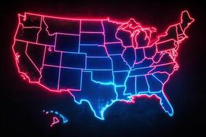 Light map of the United States depicting the nation in neon colors, showcasing state boundaries and geographical features with vibrant illumination photo