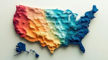 Detailed topographical representation of the United States map showcasing varied elevation gradients across regions of North America with an artistic color scheme photo