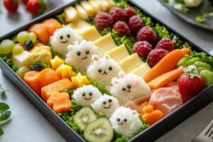 Delightful snack box filled with cute rice animals, fresh fruits, and assorted snacks, perfect for a picnic or childrens party photo