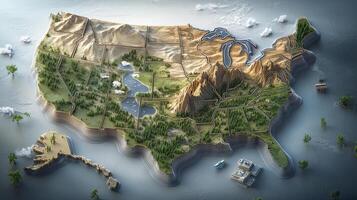Relief map illustrating the diverse topography and geographic features of the United States including mountains, lakes, and forests in a visually engaging 3D representation photo