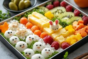 Creative snack box featuring colorful fruits and playful shaped rice balls designed to delight children. This vibrant arrangement showcases a mix of textures and flavors, ideal for a cheerful lunch photo