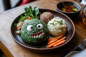 Kids lunch plate featuring a playful monster shape with vegetables and sides, served at a family friendly cafe during lunchtime photo